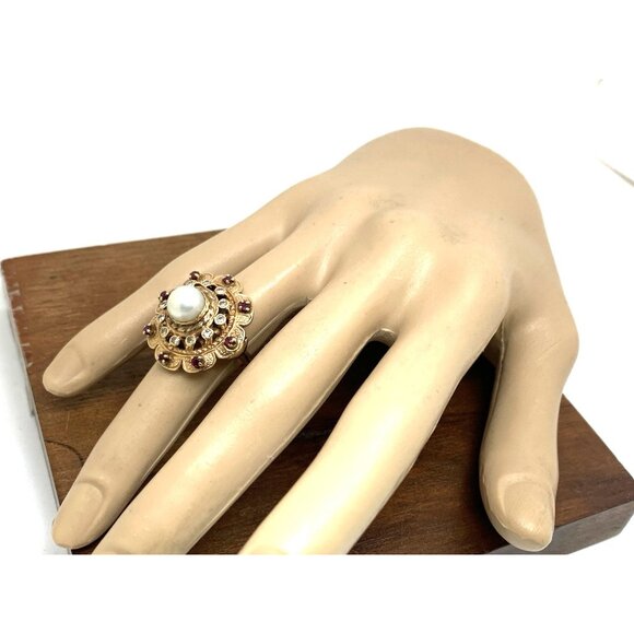Pearl Ruby Diamond Women's Cocktail Ring 14k Yellow Gold Vintage Estate Size 5.5 - Picture 14 of 14